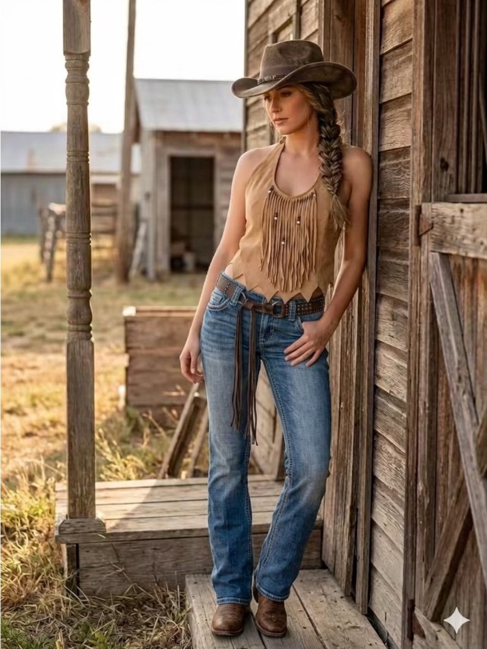 Vintage 1970s suede HB Fringed Halter Crop Top in Tan - Suede-Style Western Crop
